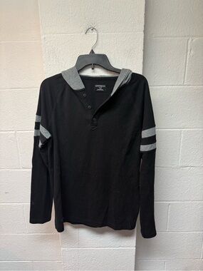 Express Men’s Black Hooded Long Sleeve Henley with Gray Stripes